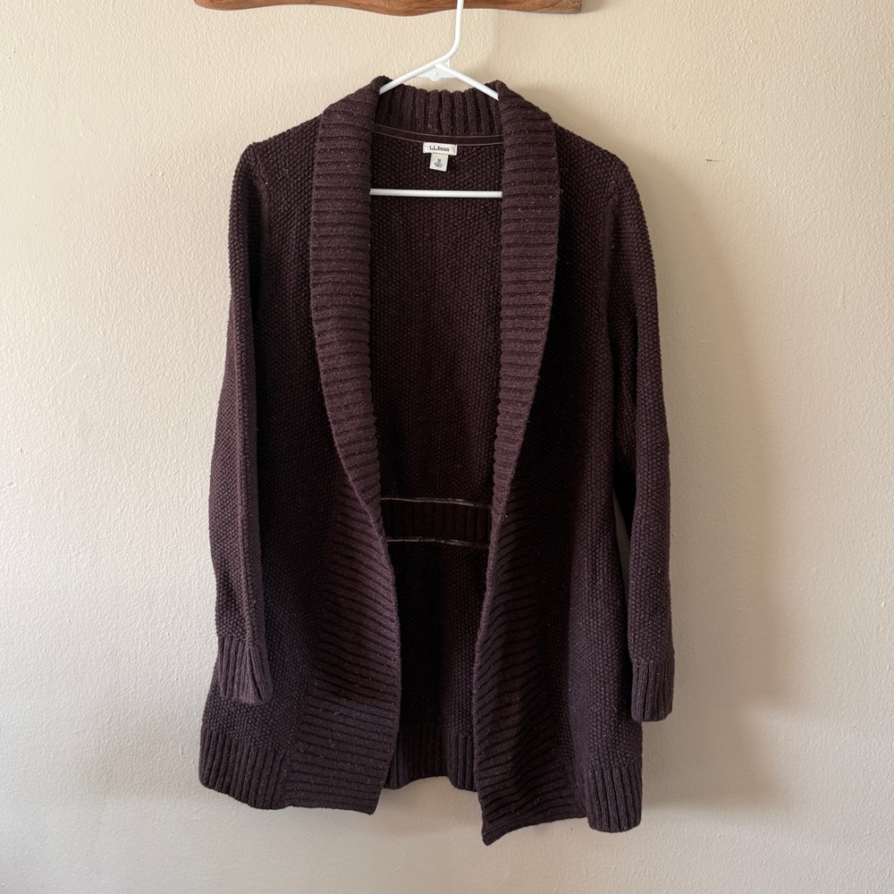 L.L. Bean Brown Pink Fleck Shawl Open Front Knit Cardigan Loungewear Size M